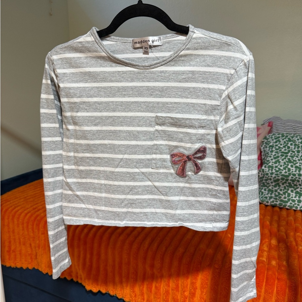 Madden Girl Gray Striped Crop Top with Bow